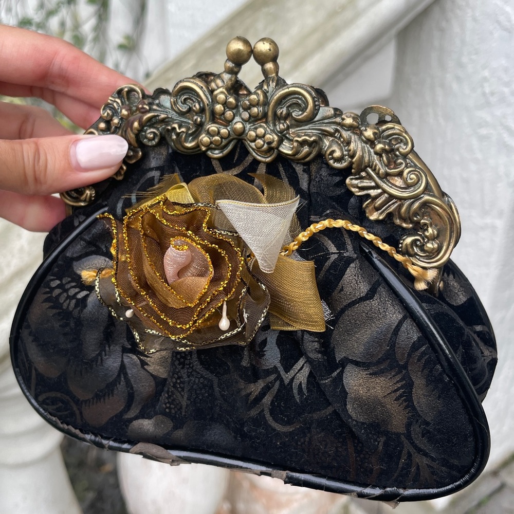 Vintage Gold Rose Black Frame Clutch